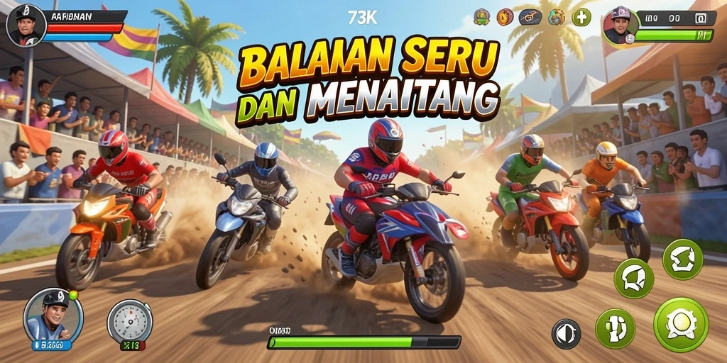 Tampilan gameplay seru dari 73K dengan balapan yang menegangkan.