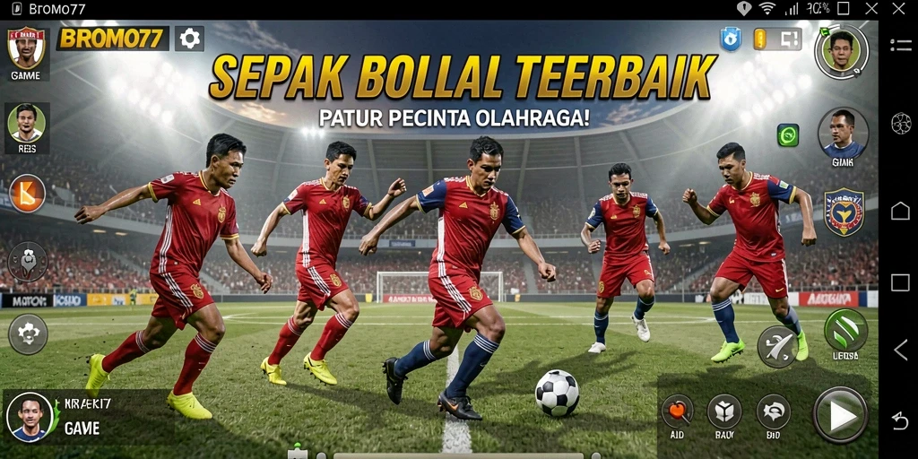 Gameplay BROMO77 menampilkan aksi pertandingan sepak bola yang seru.