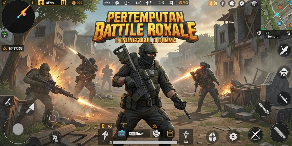 Gambaran gameplay RP99 yang mendebarkan dalam pertempuran Battle Royale.