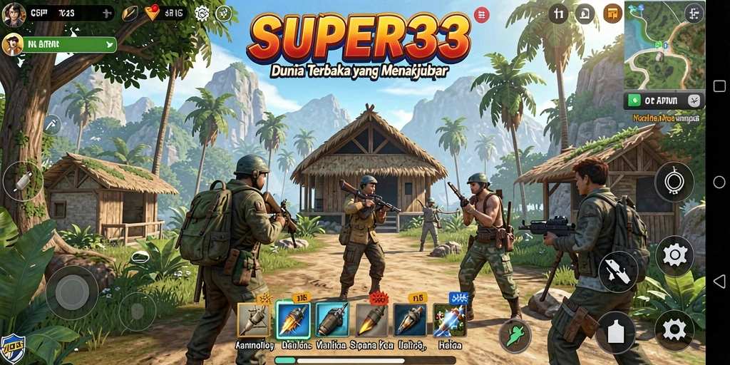 Tangkapan layar gameplay SUPER33 menampilkan eksplorasi dunia terbuka yang luas.
