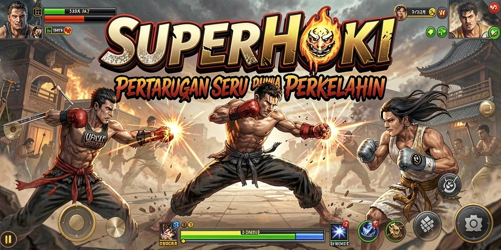 Screenshot SUPERHOKI menunjukkan pertarungan yang menegangkan dengan gerakan karakter berani.